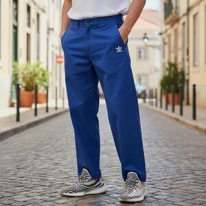 Mens Size 34 Adidas Originals Essentials Straight Leg Blue Chino Pants JD2443